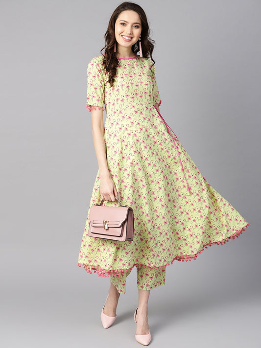 Flamingo Bird Print Anarkali With Side Dori And Pom Pom Lace Detailing With Flamingo Bird Printed Pants | LASVINI - Redefining Indian Fashion with Elegance