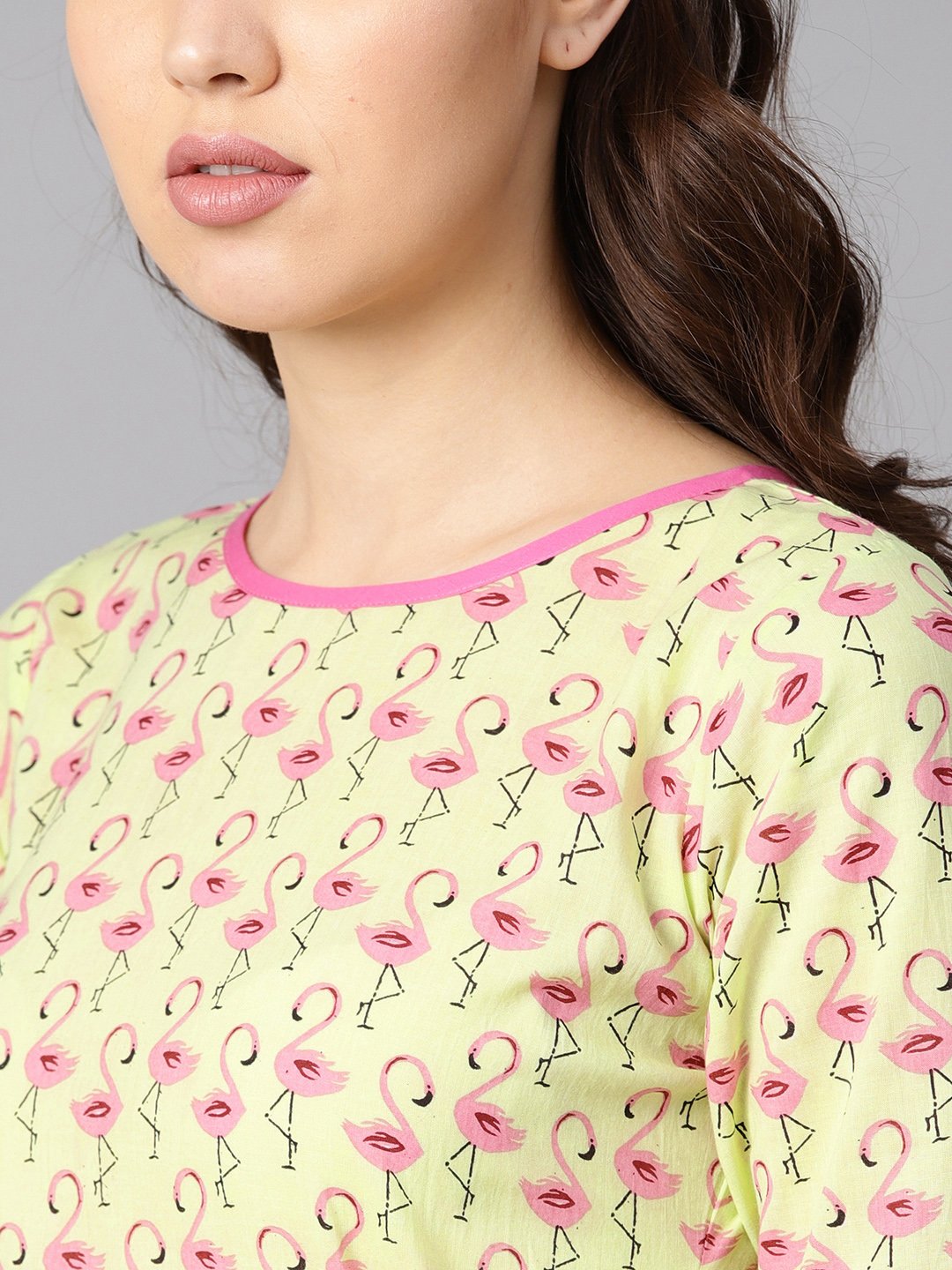 Flamingo Bird Print Anarkali With Side Dori And Pom Pom Lace Detailing With Flamingo Bird Printed Pants | LASVINI - Redefining Indian Fashion with Elegance