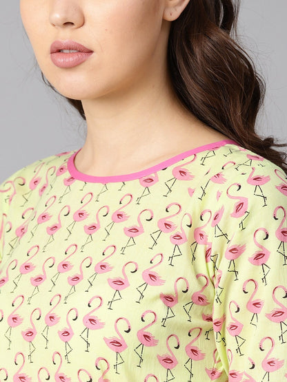 Flamingo Bird Print Anarkali With Side Dori And Pom Pom Lace Detailing With Flamingo Bird Printed Pants | LASVINI - Redefining Indian Fashion with Elegance