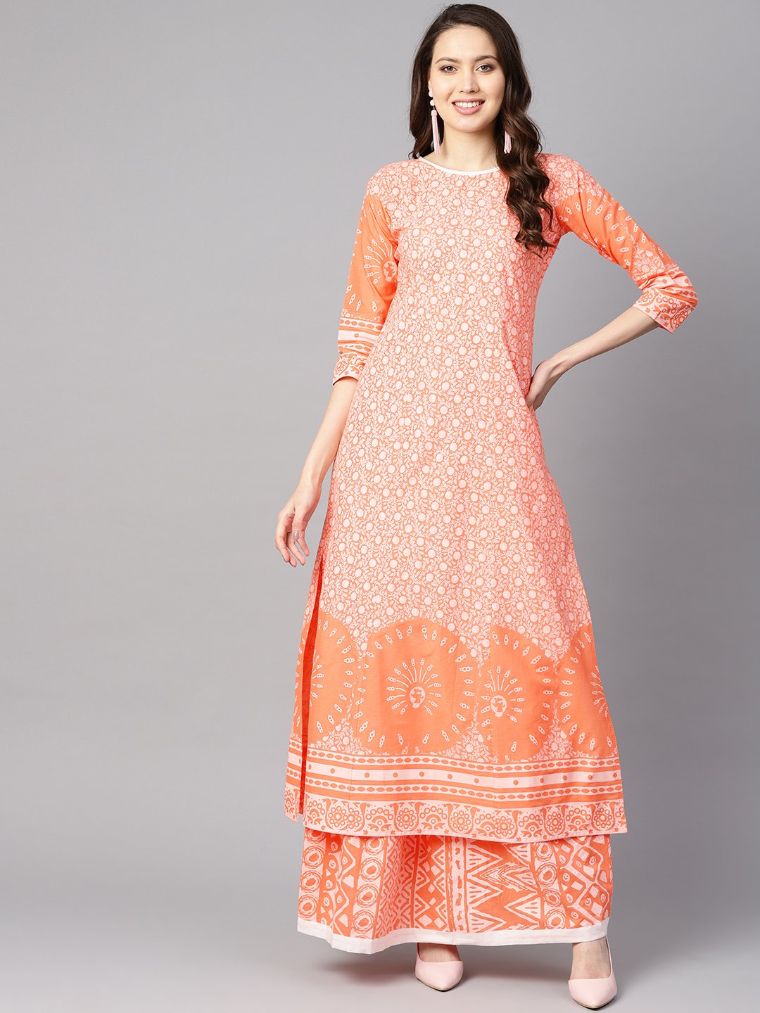 Floral White Khadi Printed A-Line Kurta With White Khadi Geometric Printed Skirt | LASVINI - Redefining Indian Fashion with Elegance