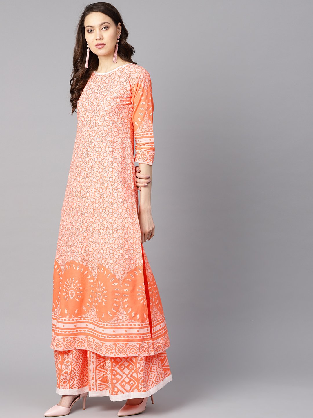 Floral White Khadi Printed A-Line Kurta With White Khadi Geometric Printed Skirt | LASVINI - Redefining Indian Fashion with Elegance