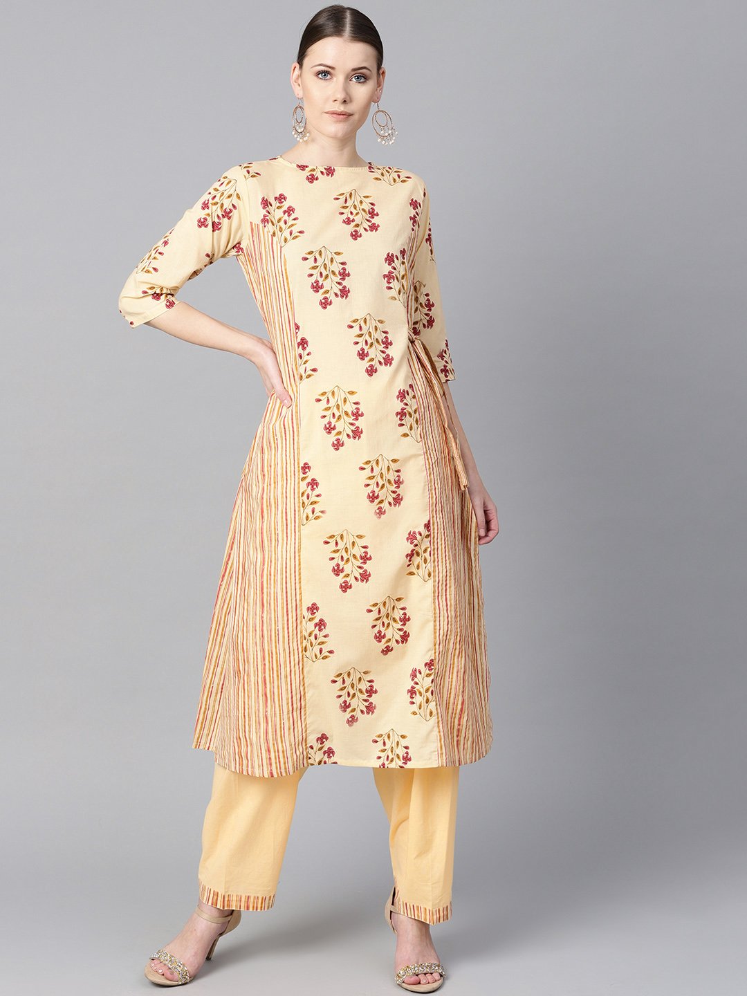 Floral Printed Kurta With Striped Panels With Solid Light Beige Salwar | LASVINI - Redefining Indian Fashion with Elegance