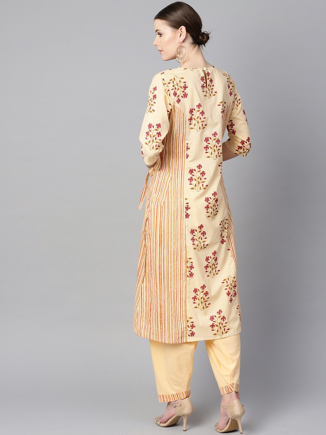 Floral Printed Kurta With Striped Panels With Solid Light Beige Salwar | LASVINI - Redefining Indian Fashion with Elegance
