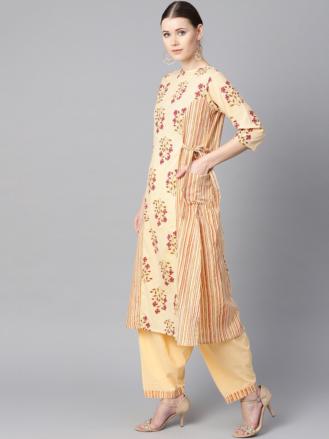 Floral Printed Kurta With Striped Panels With Solid Light Beige Salwar | LASVINI - Redefining Indian Fashion with Elegance
