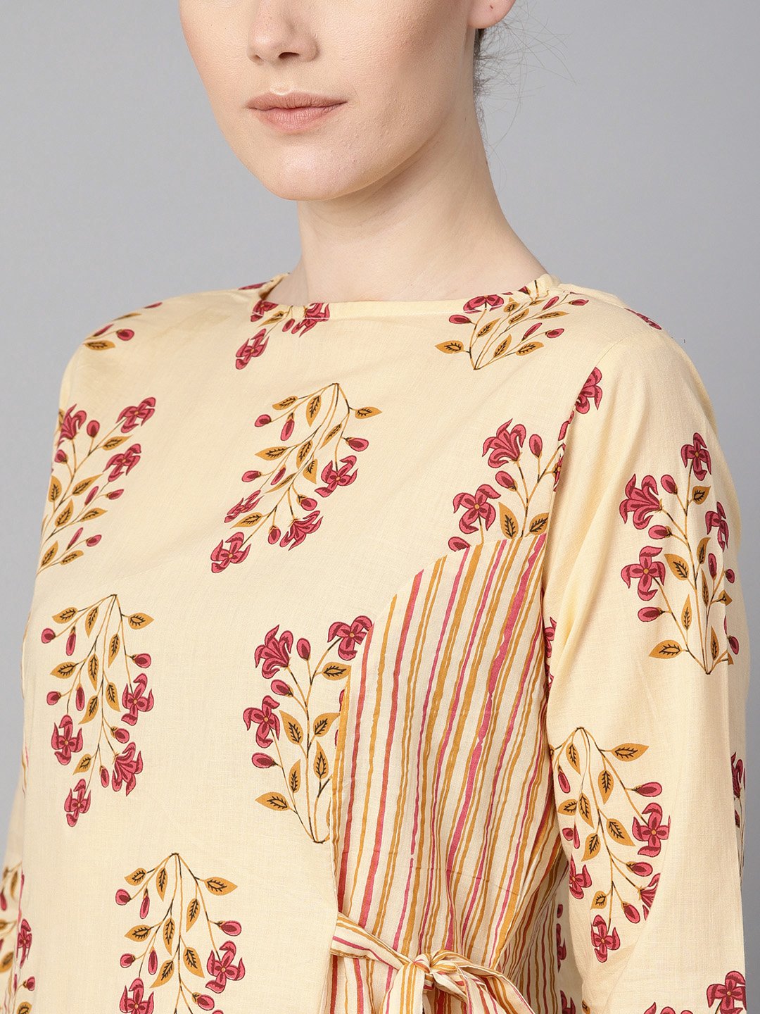 Floral Printed Kurta With Striped Panels With Solid Light Beige Salwar | LASVINI - Redefining Indian Fashion with Elegance