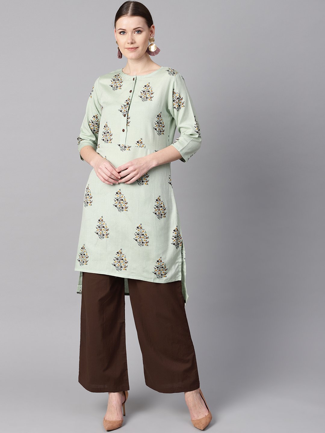 Floral Printed Assymetrical Kurta With Solid Chocolate Brown Palazzo | LASVINI - Redefining Indian Fashion with Elegance