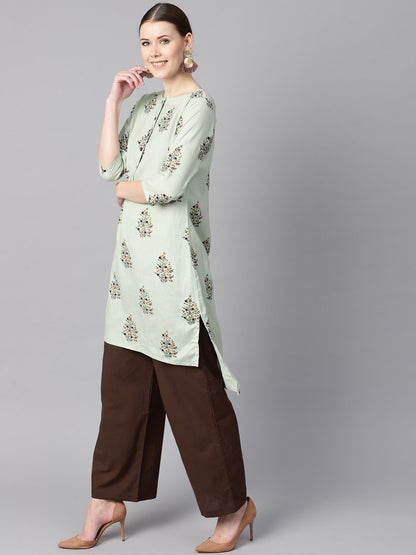 Floral Printed Assymetrical Kurta With Solid Chocolate Brown Palazzo | LASVINI - Redefining Indian Fashion with Elegance