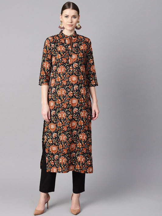 Floral Printed 3/4Th Sleeve A-Line Kurta With Solid Black Pants | LASVINI - Redefining Indian Fashion with Elegance