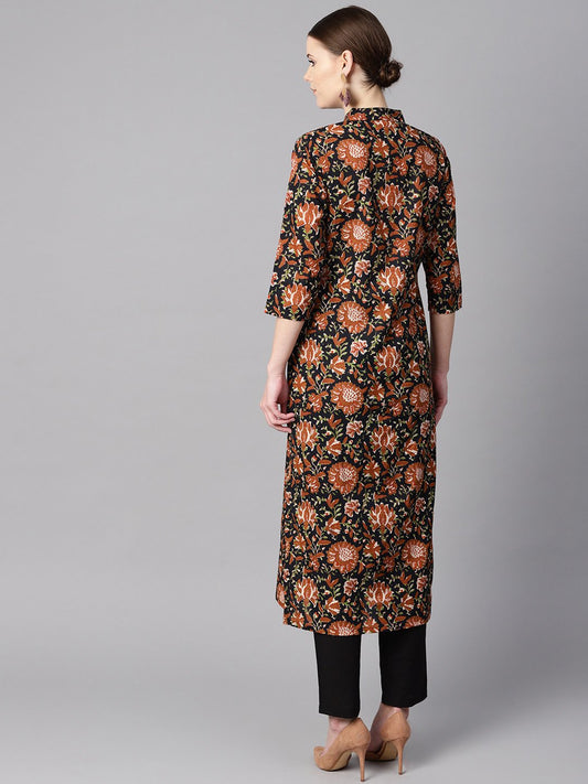 Floral Printed 3/4Th Sleeve A-Line Kurta With Solid Black Pants | LASVINI - Redefining Indian Fashion with Elegance
