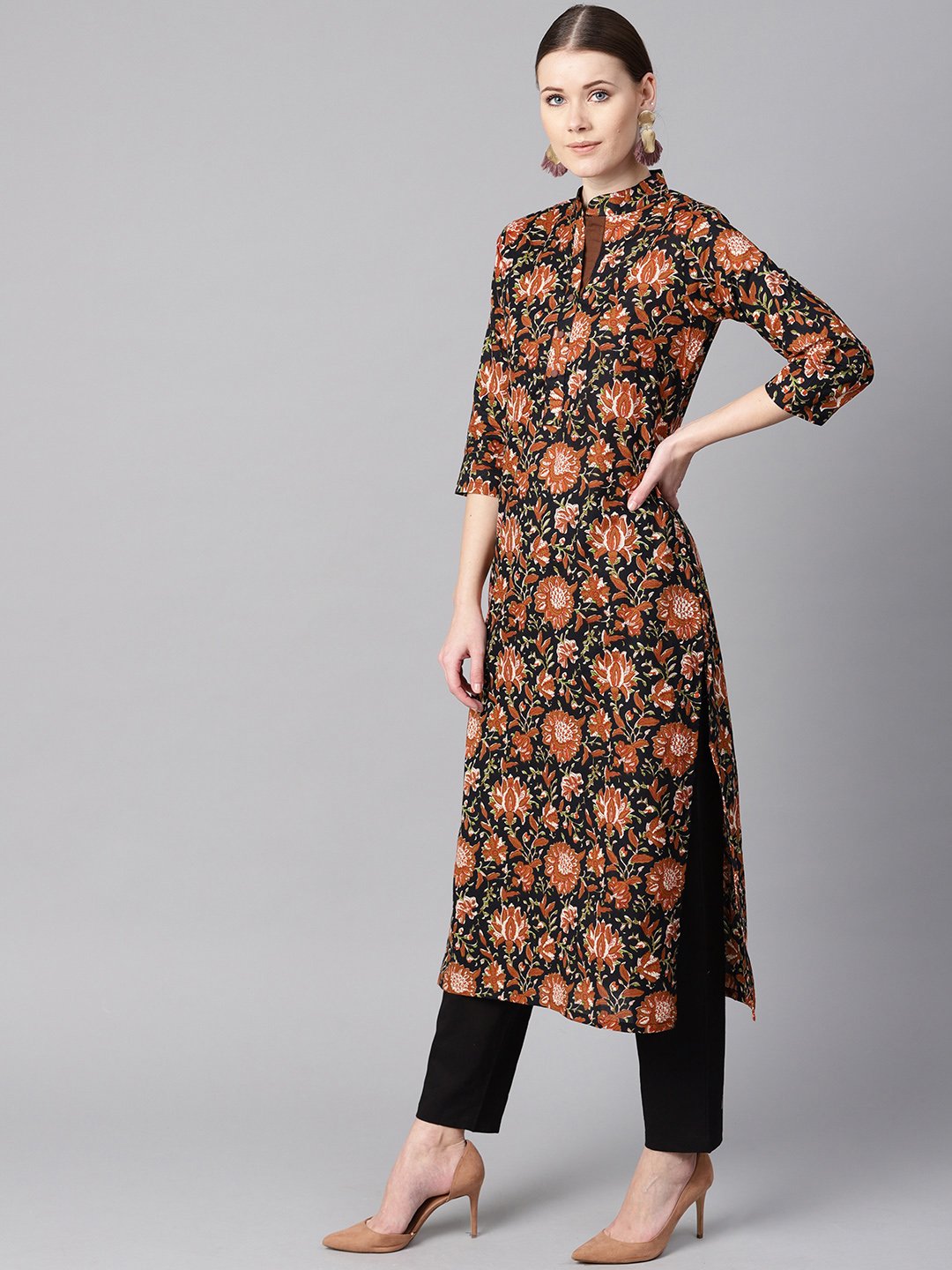 Floral Printed 3/4Th Sleeve A-Line Kurta With Solid Black Pants | LASVINI - Redefining Indian Fashion with Elegance