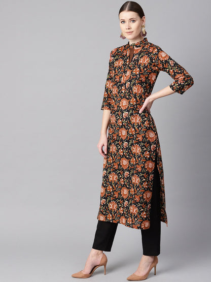 Floral Printed 3/4Th Sleeve A-Line Kurta With Solid Black Pants | LASVINI - Redefining Indian Fashion with Elegance