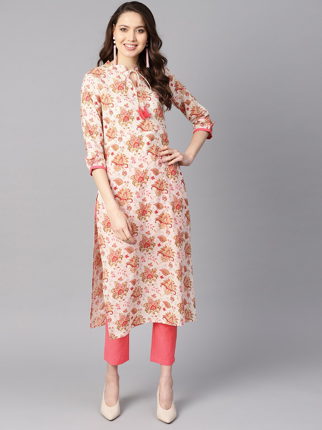 Multi Colored Floral Printed Straight Kurta With Detailed Cuff With Solid Pink Pants | LASVINI - Redefining Indian Fashion with Elegance