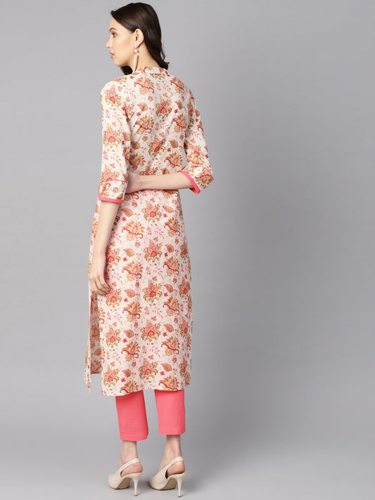 Multi Colored Floral Printed Straight Kurta With Detailed Cuff With Solid Pink Pants | LASVINI - Redefining Indian Fashion with Elegance