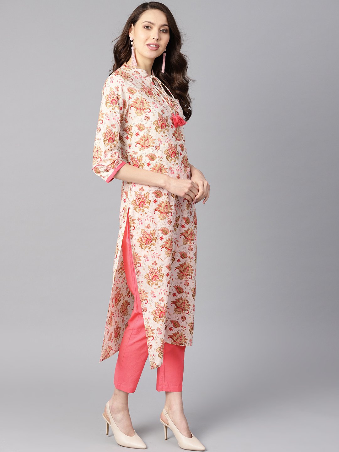 Multi Colored Floral Printed Straight Kurta With Detailed Cuff With Solid Pink Pants | LASVINI - Redefining Indian Fashion with Elegance