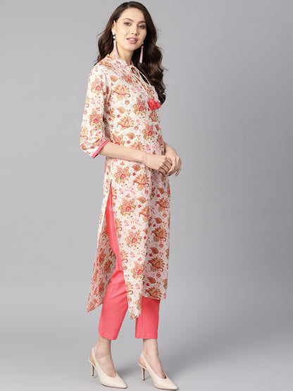 Multi Colored Floral Printed Straight Kurta With Detailed Cuff With Solid Pink Pants | LASVINI - Redefining Indian Fashion with Elegance