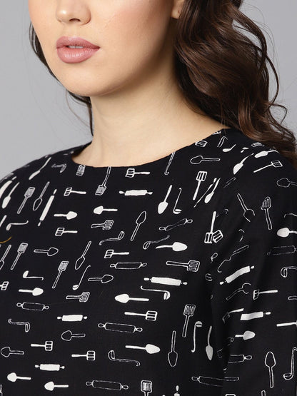 Quirky Spoon Print Box Pleated Dress With Frilled Sleeves | LASVINI - Redefining Indian Fashion with Elegance