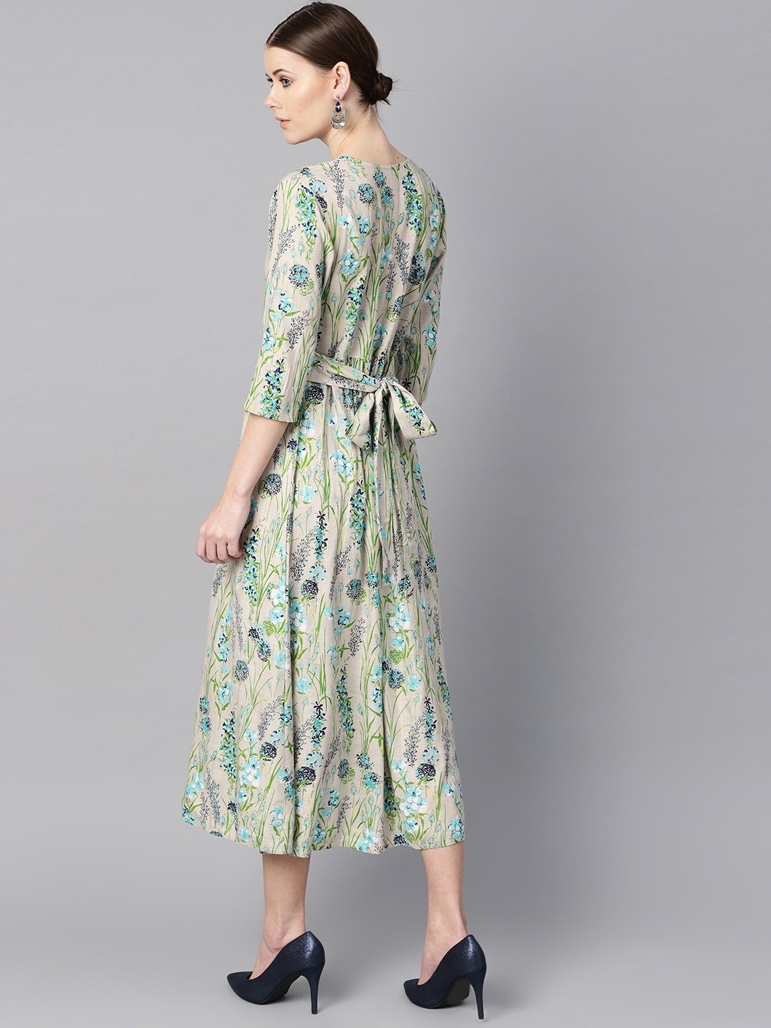 Floral Print Dress With Gathers In Centre With A Belt At The Back | LASVINI - Redefining Indian Fashion with Elegance