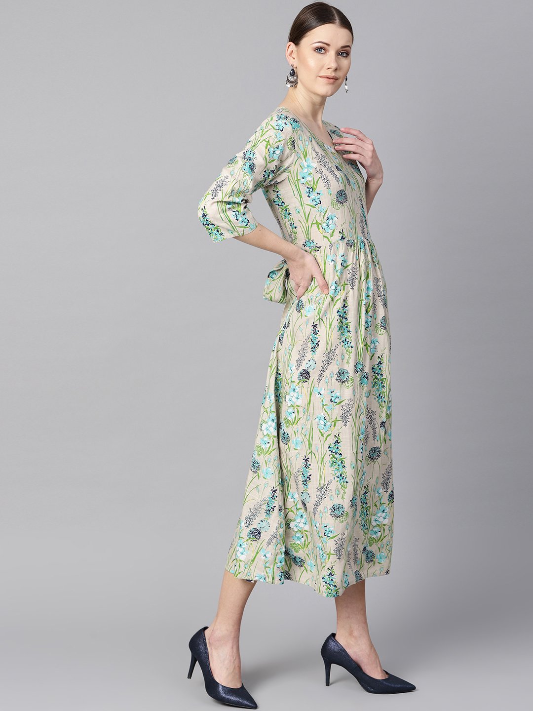 Floral Print Dress With Gathers In Centre With A Belt At The Back | LASVINI - Redefining Indian Fashion with Elegance