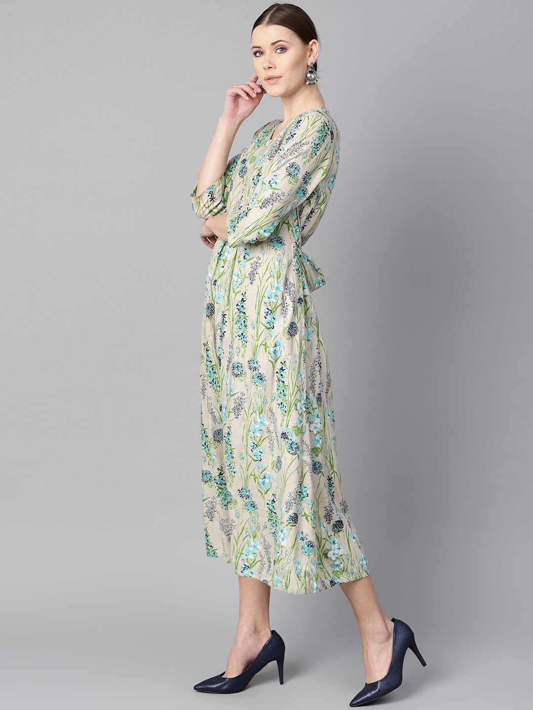 Floral Print Dress With Gathers In Centre With A Belt At The Back | LASVINI - Redefining Indian Fashion with Elegance