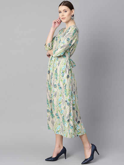 Floral Print Dress With Gathers In Centre With A Belt At The Back | LASVINI - Redefining Indian Fashion with Elegance