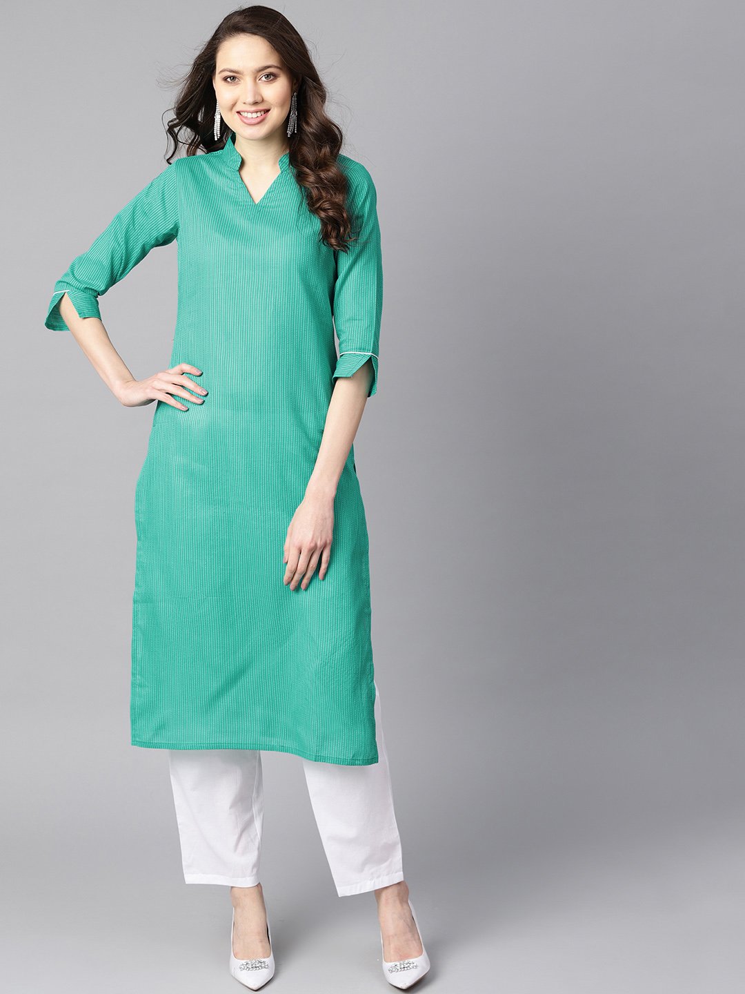 Solid Green Tagai-Work Straight Kurta With Detailing On The Cuff With White Straight Pants | LASVINI - Redefining Indian Fashion with Elegance