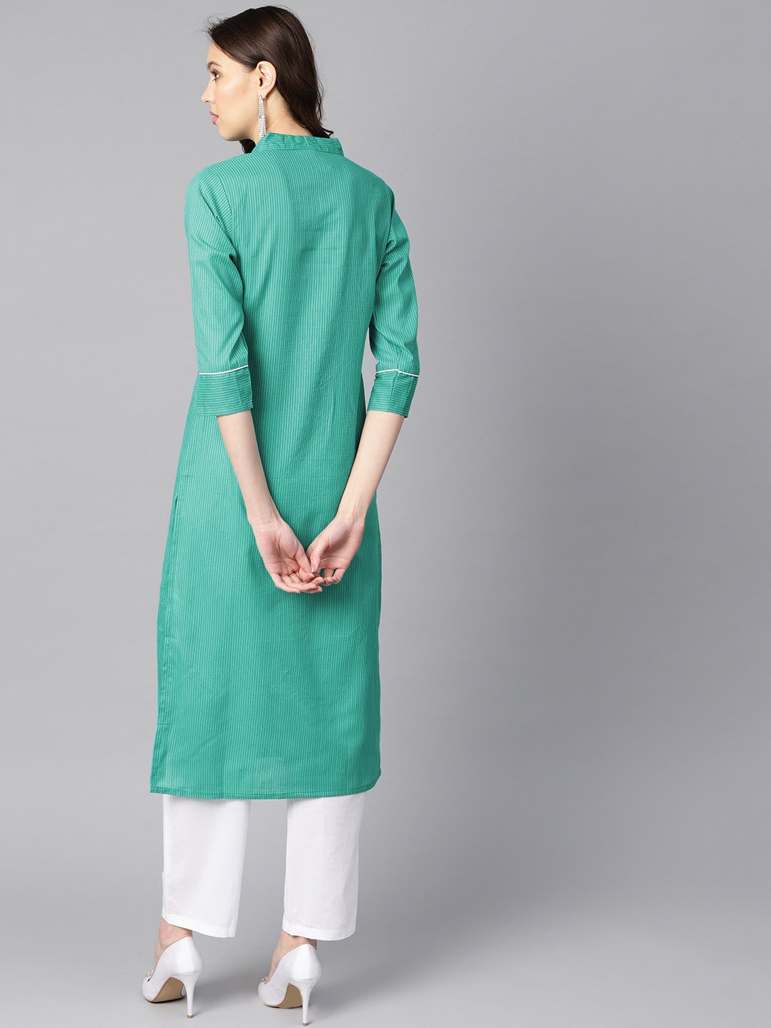 Solid Green Tagai-Work Straight Kurta With Detailing On The Cuff With White Straight Pants | LASVINI - Redefining Indian Fashion with Elegance