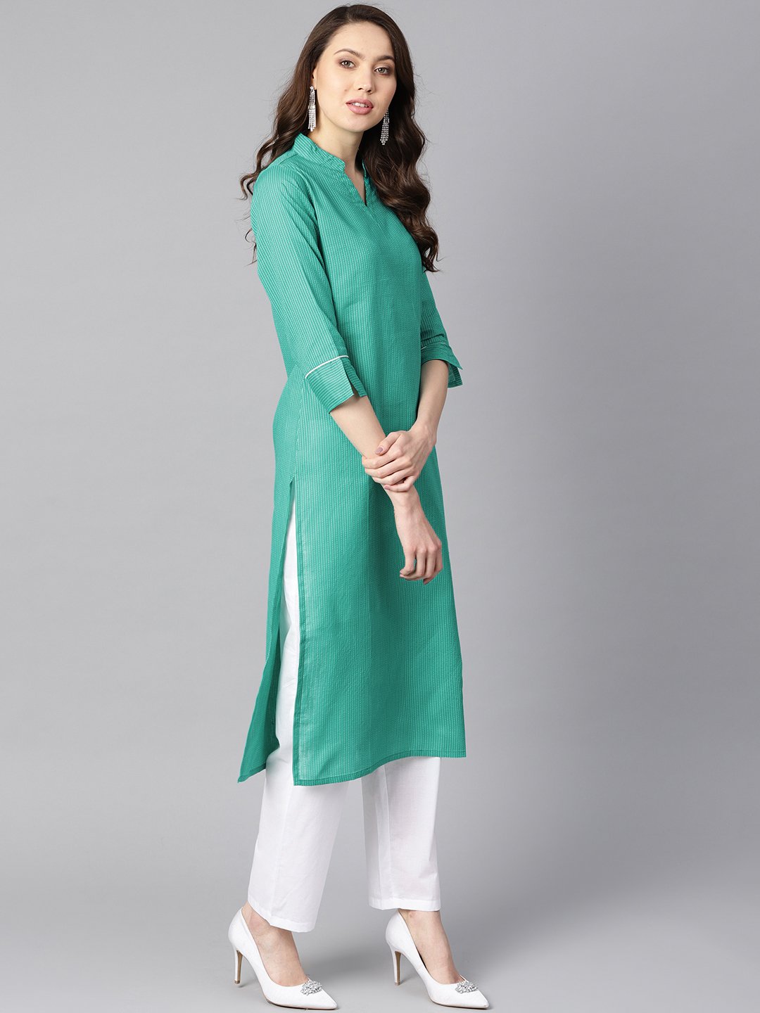 Solid Green Tagai-Work Straight Kurta With Detailing On The Cuff With White Straight Pants | LASVINI - Redefining Indian Fashion with Elegance