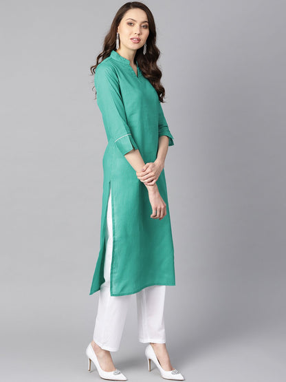 Solid Green Tagai-Work Straight Kurta With Detailing On The Cuff With White Straight Pants | LASVINI - Redefining Indian Fashion with Elegance