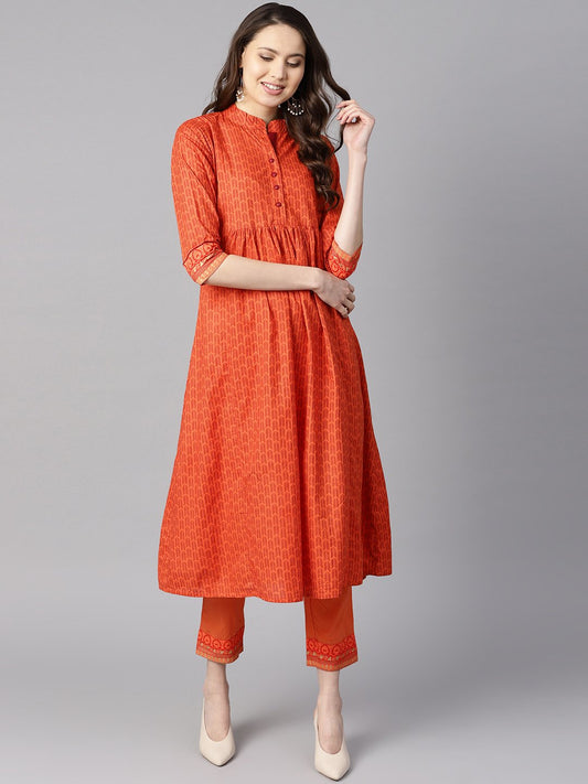 A Line Pleated Kurta With Border Detailing On The Sleeves With Straight Solid Pants | LASVINI - Redefining Indian Fashion with Elegance