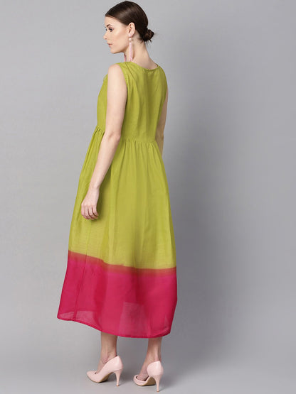 Ombre Dye Green & Pink Dress With Button And Dori Detailing | LASVINI - Redefining Indian Fashion with Elegance