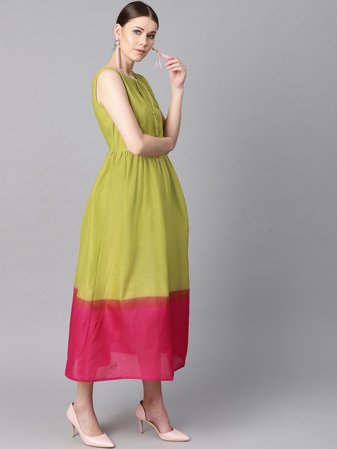 Ombre Dye Green & Pink Dress With Button And Dori Detailing | LASVINI - Redefining Indian Fashion with Elegance