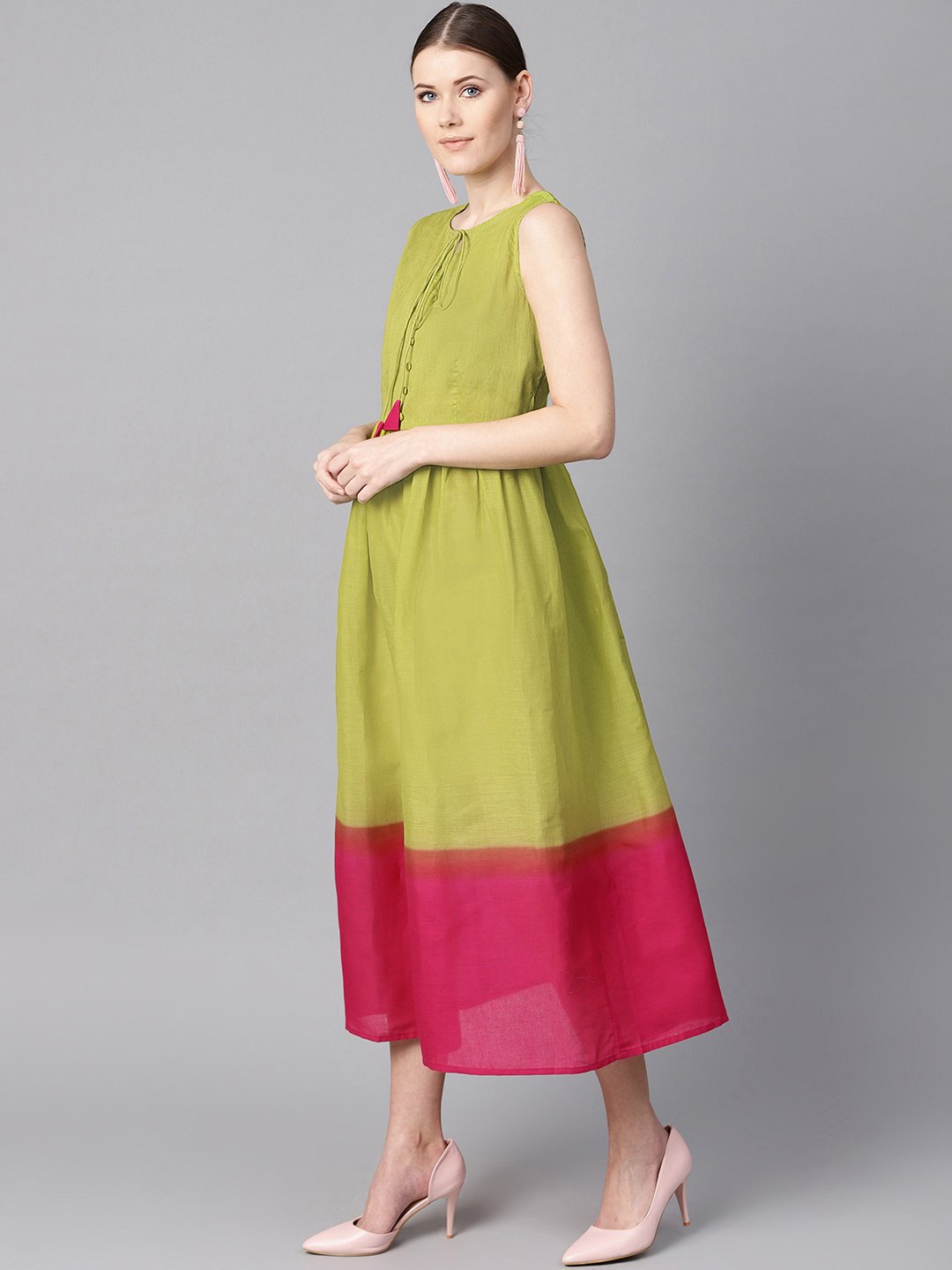Ombre Dye Green & Pink Dress With Button And Dori Detailing | LASVINI - Redefining Indian Fashion with Elegance