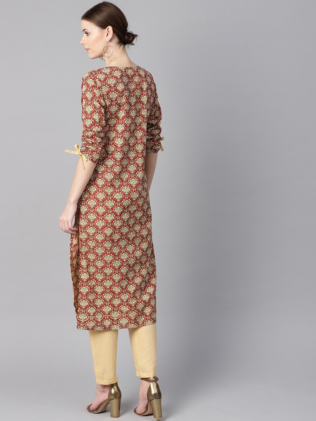 Maroon Floral Printed Kurta With Draw String Detailed Sleeves And Pale Yellow Pants | LASVINI - Redefining Indian Fashion with Elegance
