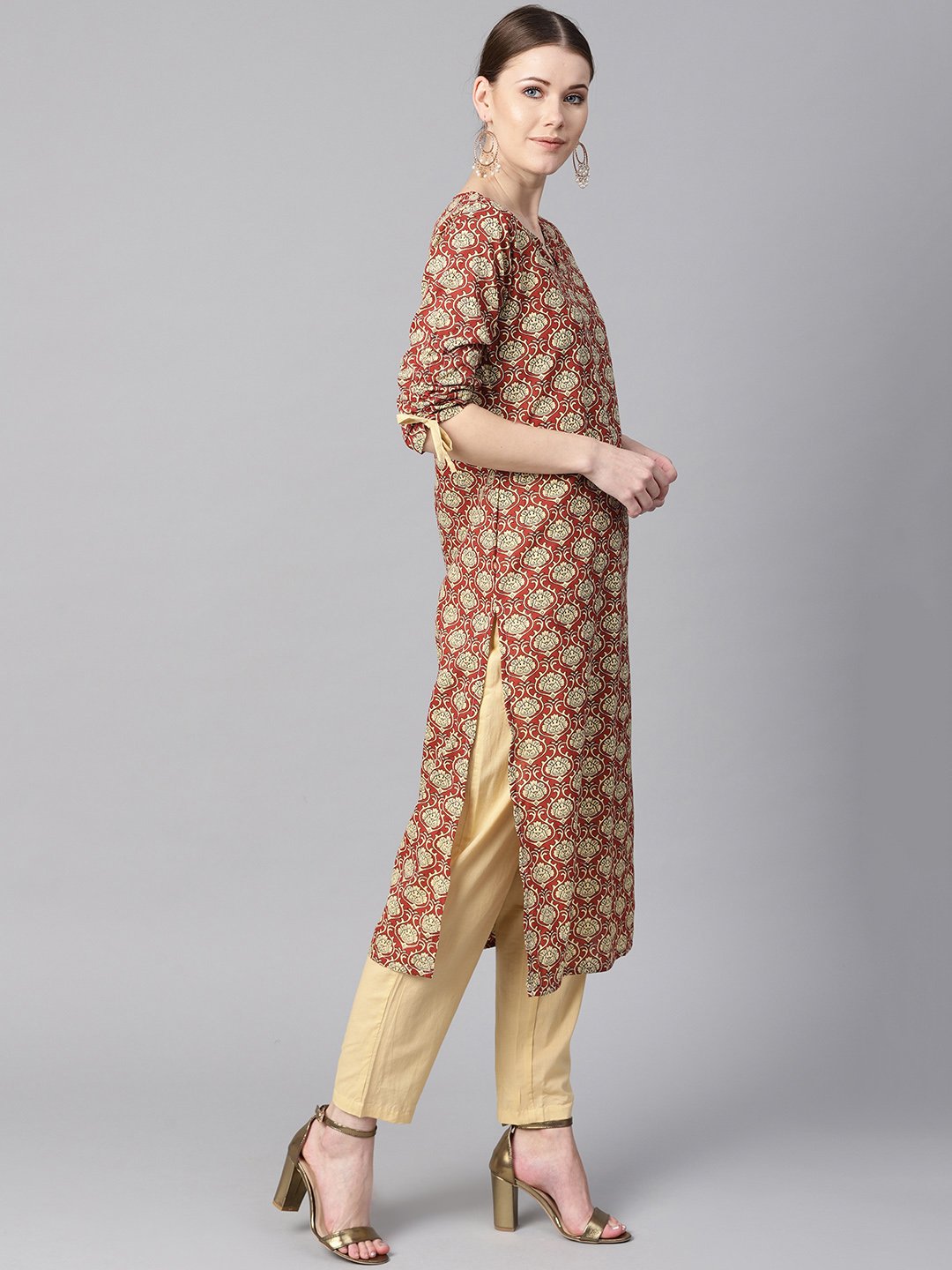 Maroon Floral Printed Kurta With Draw String Detailed Sleeves And Pale Yellow Pants | LASVINI - Redefining Indian Fashion with Elegance