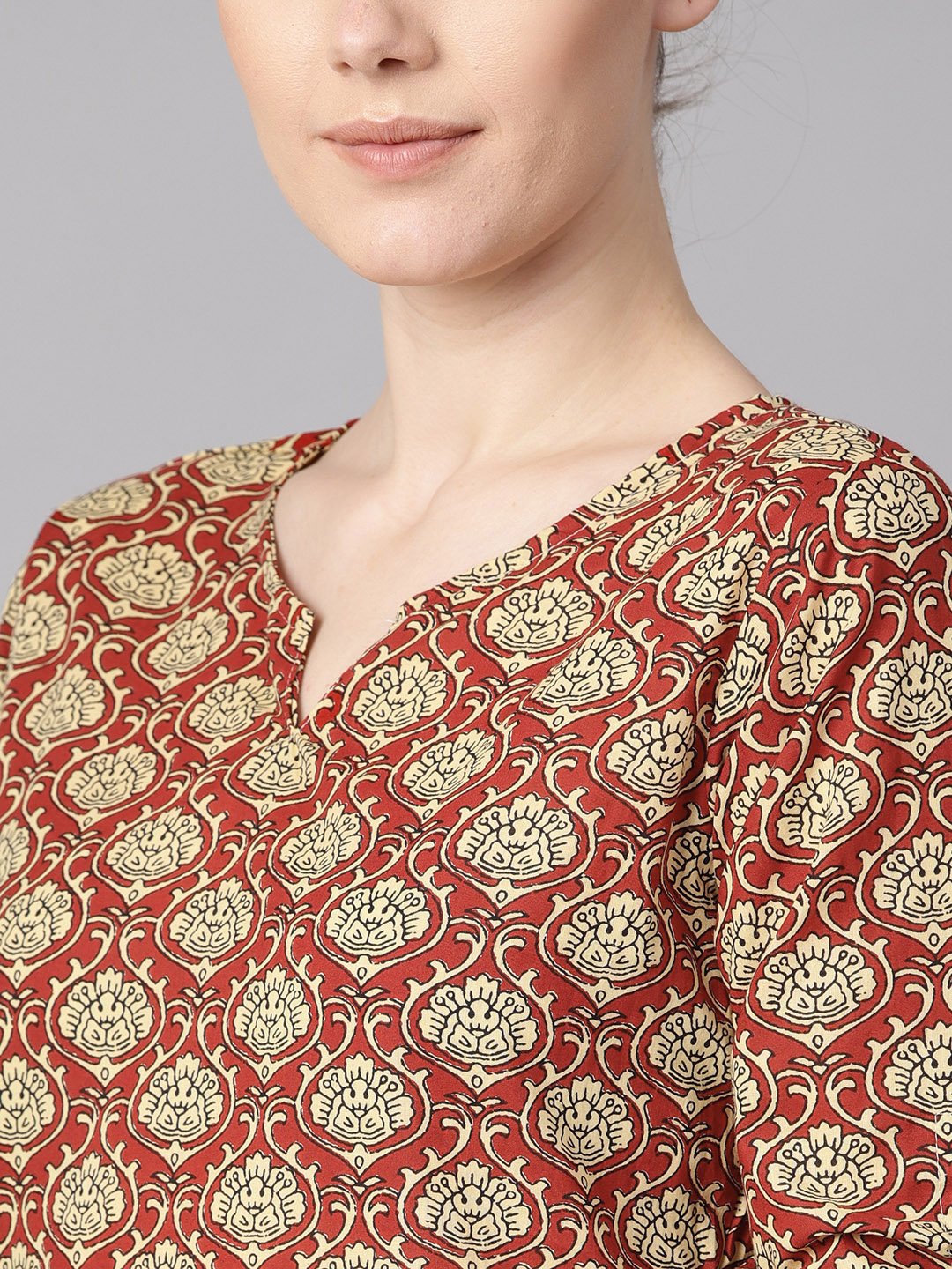 Maroon Floral Printed Kurta With Draw String Detailed Sleeves And Pale Yellow Pants | LASVINI - Redefining Indian Fashion with Elegance