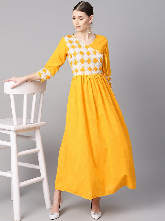 Printed Yoke Angrakha Style 3/4Th Sleeve Yellow Colored Maxi. | LASVINI - Redefining Indian Fashion with Elegance