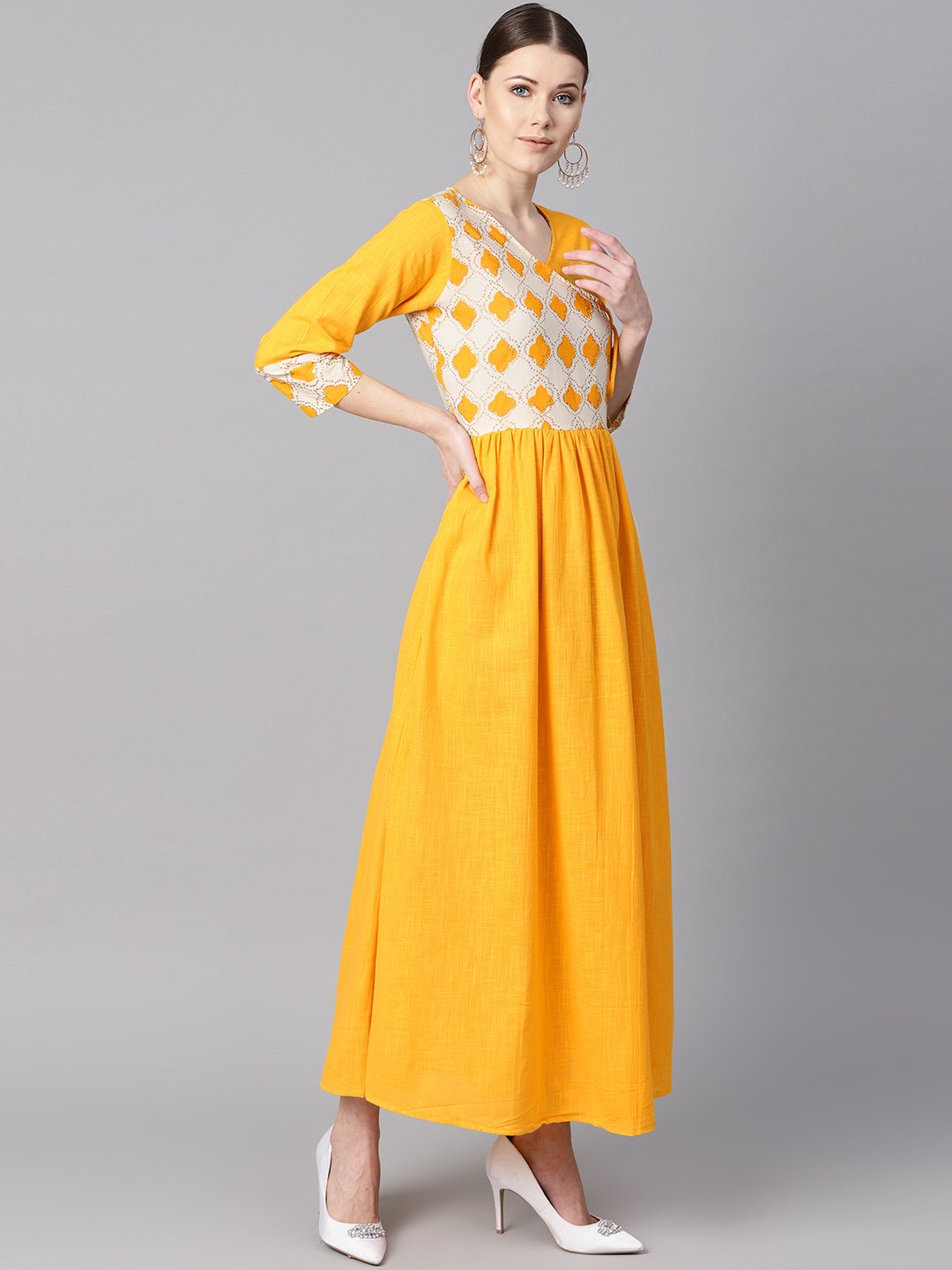 Printed Yoke Angrakha Style 3/4Th Sleeve Yellow Colored Maxi. | LASVINI - Redefining Indian Fashion with Elegance