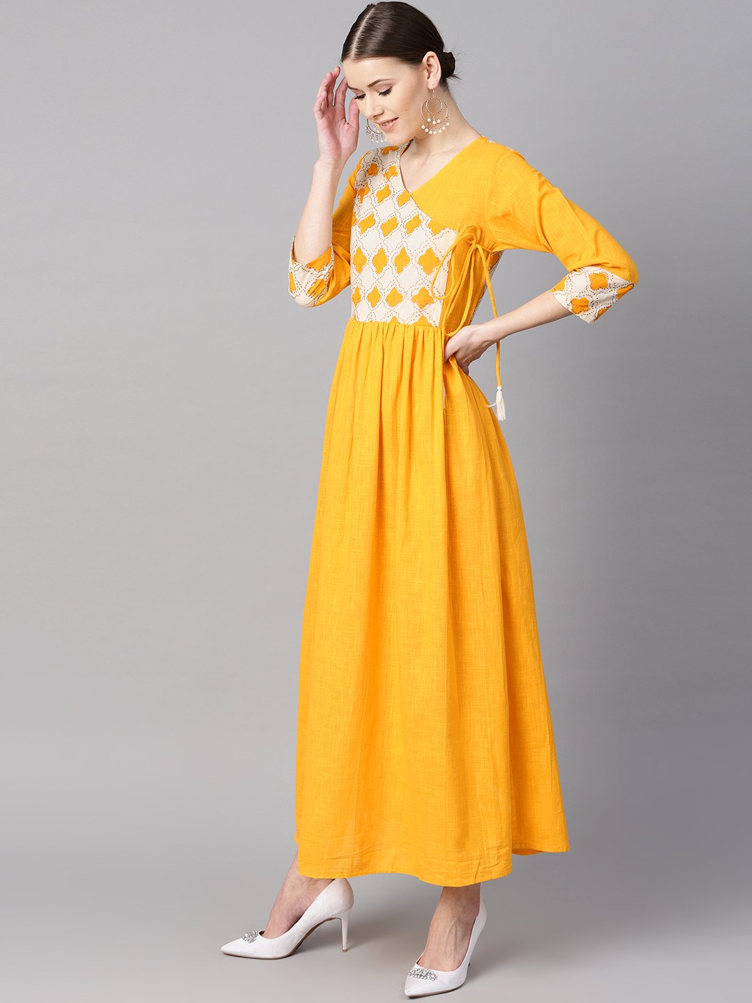 Printed Yoke Angrakha Style 3/4Th Sleeve Yellow Colored Maxi. | LASVINI - Redefining Indian Fashion with Elegance