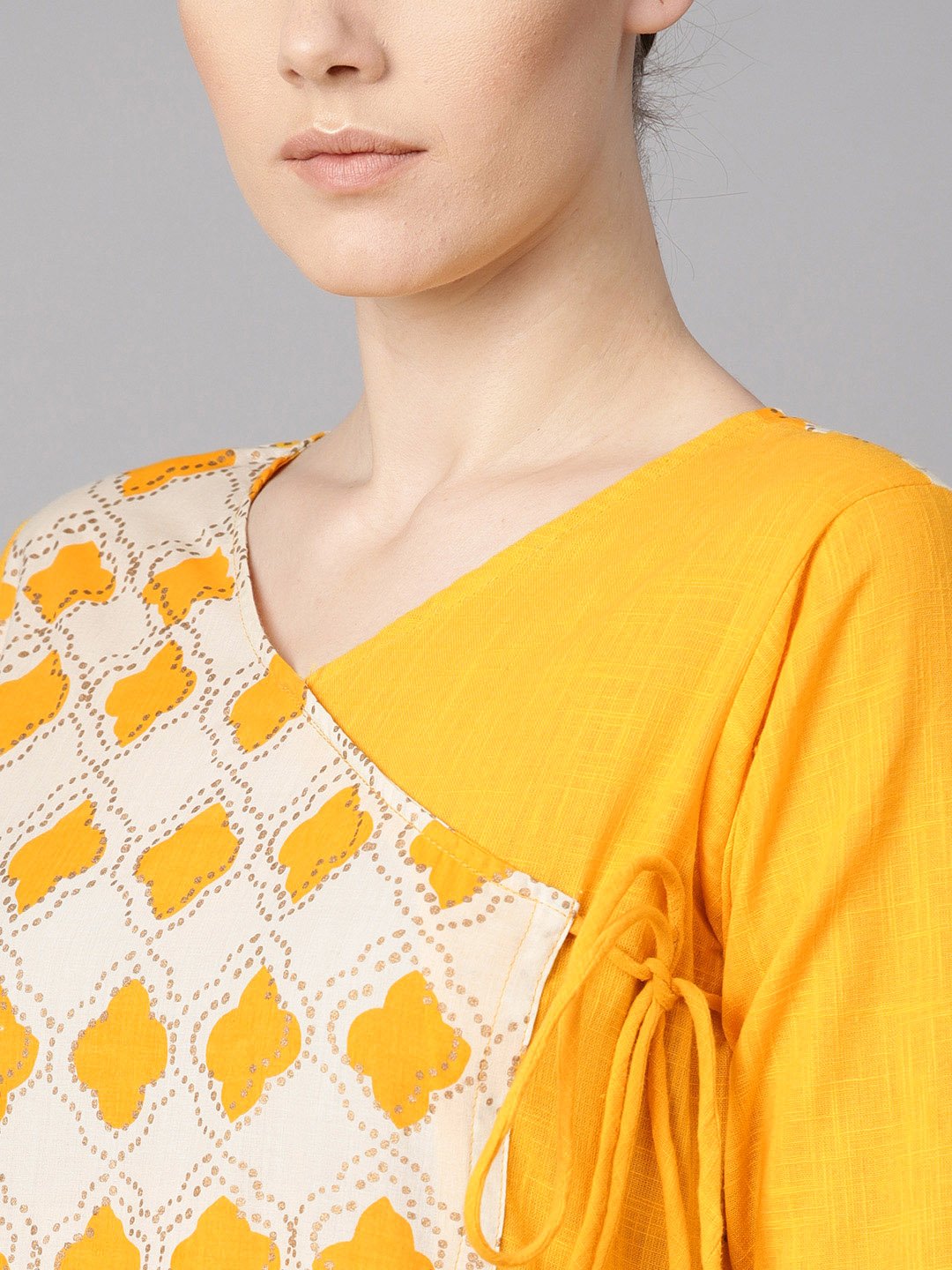 Printed Yoke Angrakha Style 3/4Th Sleeve Yellow Colored Maxi. | LASVINI - Redefining Indian Fashion with Elegance