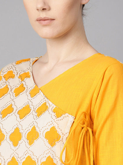 Printed Yoke Angrakha Style 3/4Th Sleeve Yellow Colored Maxi. | LASVINI - Redefining Indian Fashion with Elegance