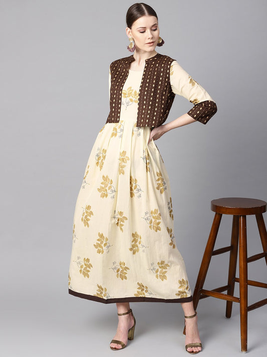 White Floral Gold Printed Round Neck 3/4Th Sleeve Printed Maxi With Brown Geometrical Gold Printed Jacket. | LASVINI - Redefining Indian Fashion with Elegance