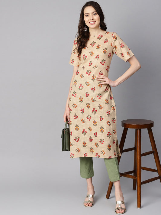 Beige Floral Printed  Boat Neck Half Sleeve Straight Kurta With Solid Pants. | LASVINI - Redefining Indian Fashion with Elegance
