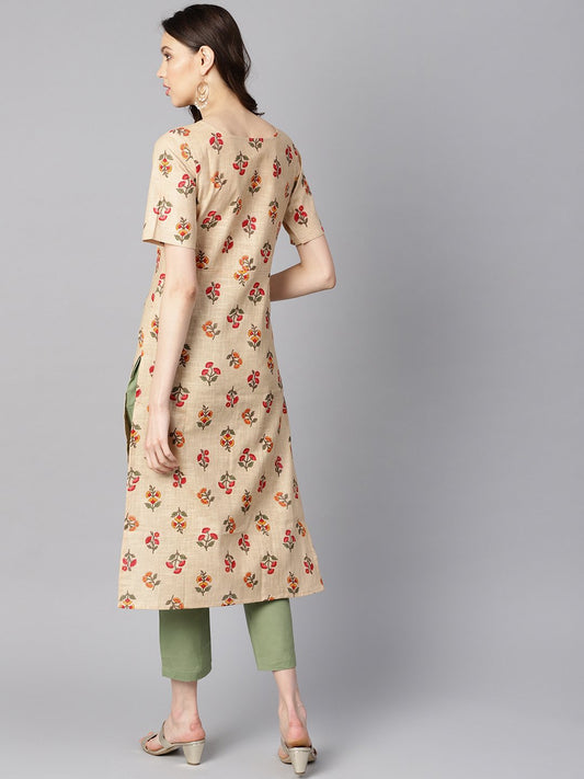 Beige Floral Printed  Boat Neck Half Sleeve Straight Kurta With Solid Pants. | LASVINI - Redefining Indian Fashion with Elegance