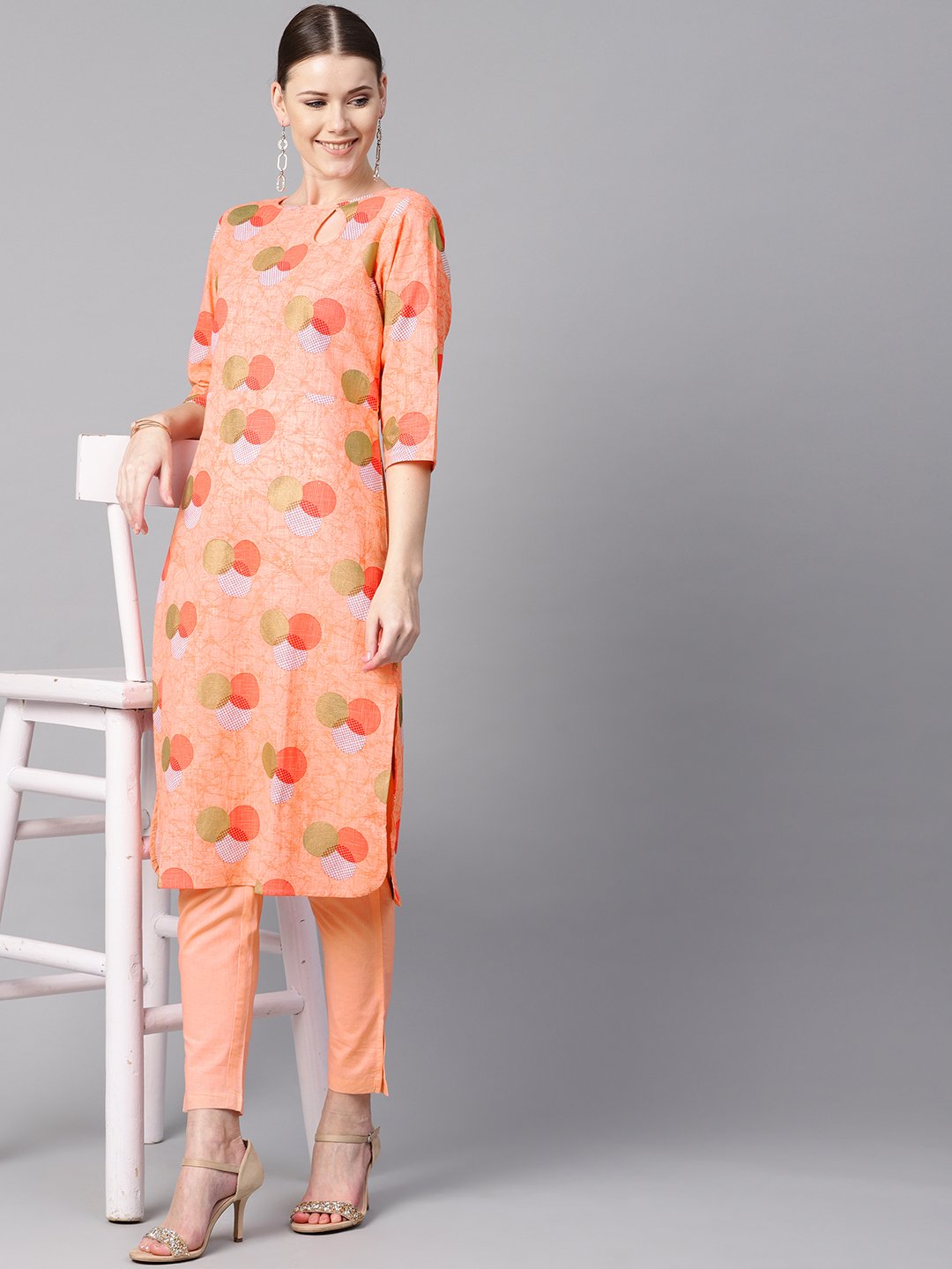 Peach Color Polka Dots Printed Boat Neck With Side Keyhole  3/4Th Sleeve Kurta And Solid Cigratee Pants. | LASVINI - Redefining Indian Fashion with Elegance