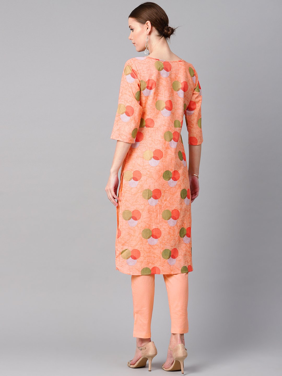 Peach Color Polka Dots Printed Boat Neck With Side Keyhole  3/4Th Sleeve Kurta And Solid Cigratee Pants. | LASVINI - Redefining Indian Fashion with Elegance