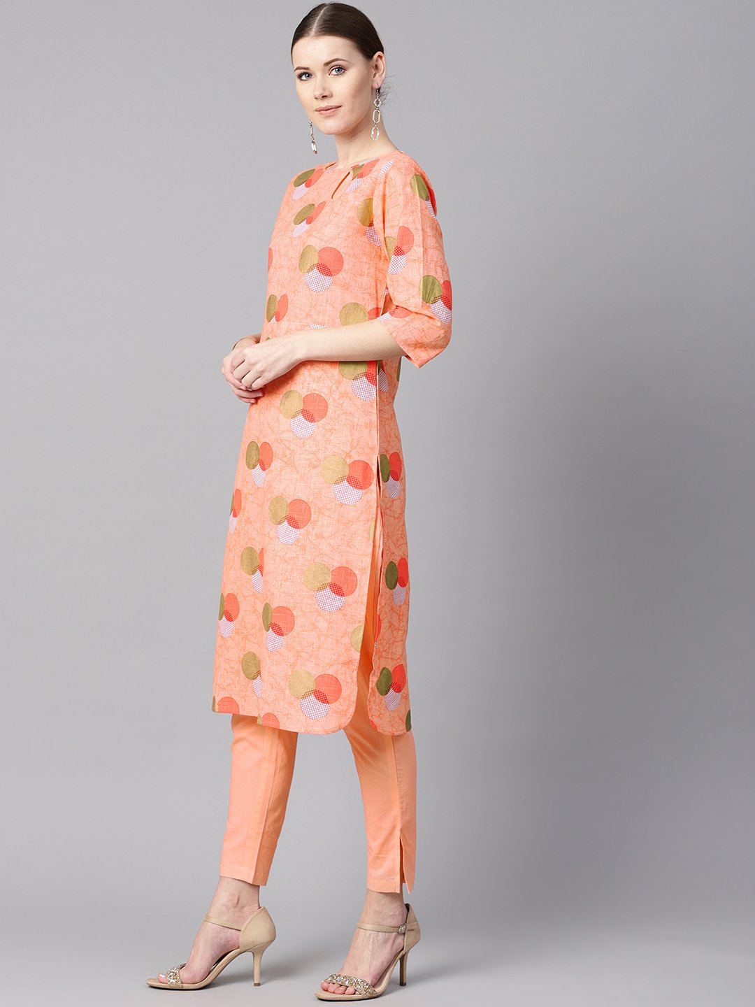 Peach Color Polka Dots Printed Boat Neck With Side Keyhole  3/4Th Sleeve Kurta And Solid Cigratee Pants. | LASVINI - Redefining Indian Fashion with Elegance