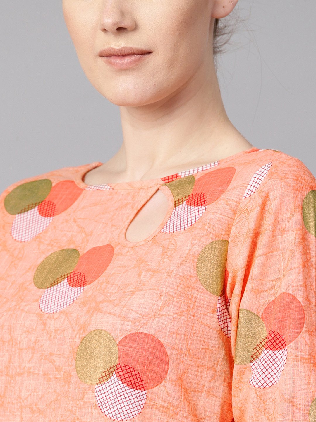 Peach Color Polka Dots Printed Boat Neck With Side Keyhole  3/4Th Sleeve Kurta And Solid Cigratee Pants. | LASVINI - Redefining Indian Fashion with Elegance