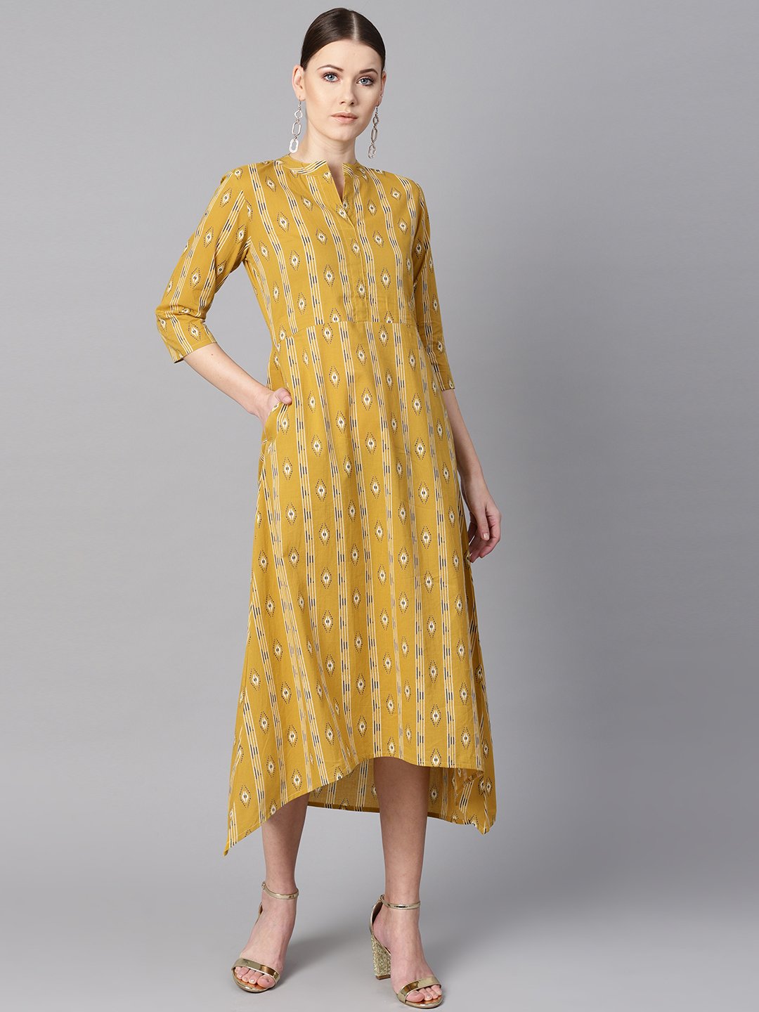 Mustard Yellow Color Ikat Printed Chinese Collar Dress With Placket Opening. | LASVINI - Redefining Indian Fashion with Elegance