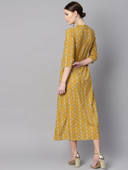 Mustard Yellow Color Ikat Printed Chinese Collar Dress With Placket Opening. | LASVINI - Redefining Indian Fashion with Elegance