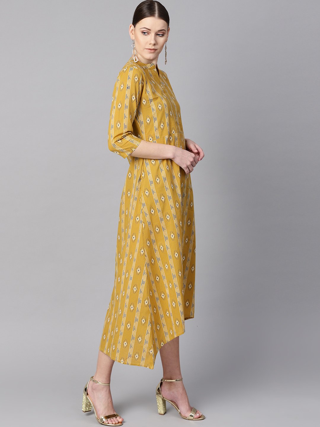 Mustard Yellow Color Ikat Printed Chinese Collar Dress With Placket Opening. | LASVINI - Redefining Indian Fashion with Elegance